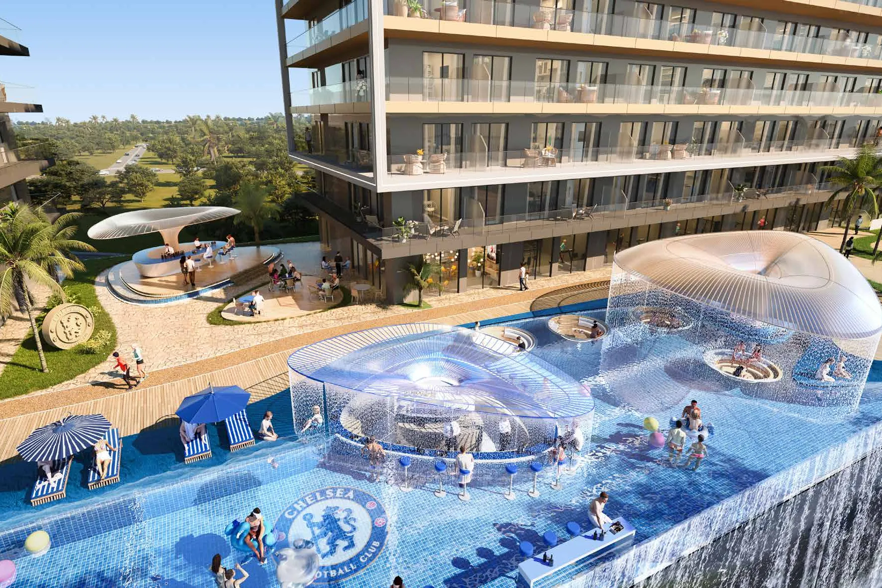 Chelsea Lion Beach pool with canopies, loungers and the club crest