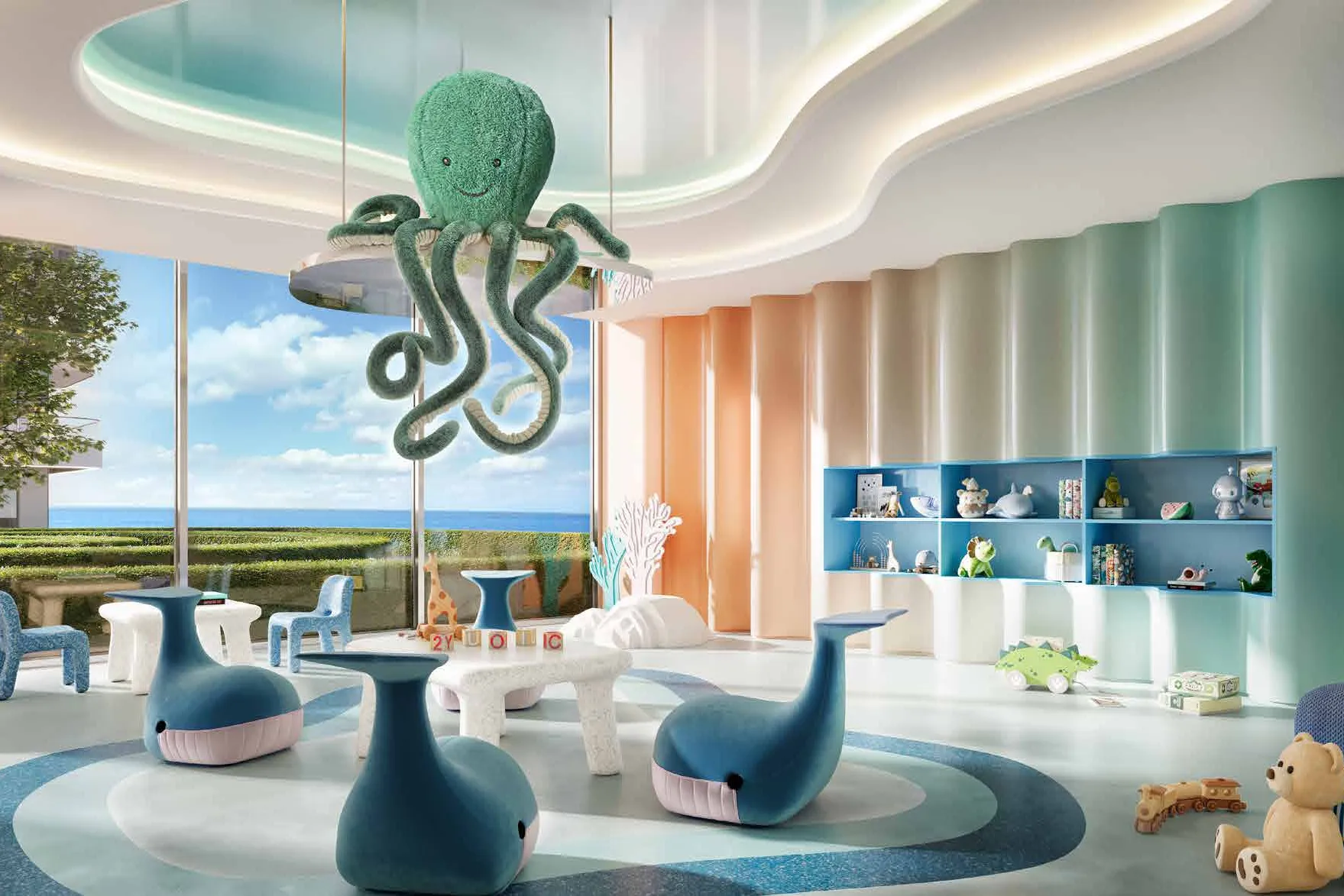 Underwater-themed playroom with whale seats and a hanging octopus