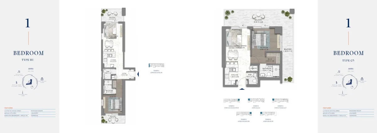 Floor plans: 1 bedroom, with a walk-in wardrobe and powder room