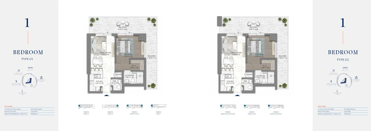 Floor plans: 1 bedroom, with a walk-in wardrobe and powder room