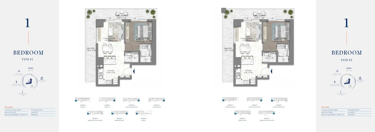 Floor plans: 1 bedroom, with a walk-in wardrobe and powder room
